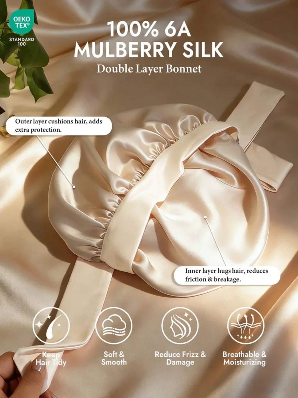 NWT SILKSILKY 100% Mulberry Silk Bonnet Champagne Long Ribbons